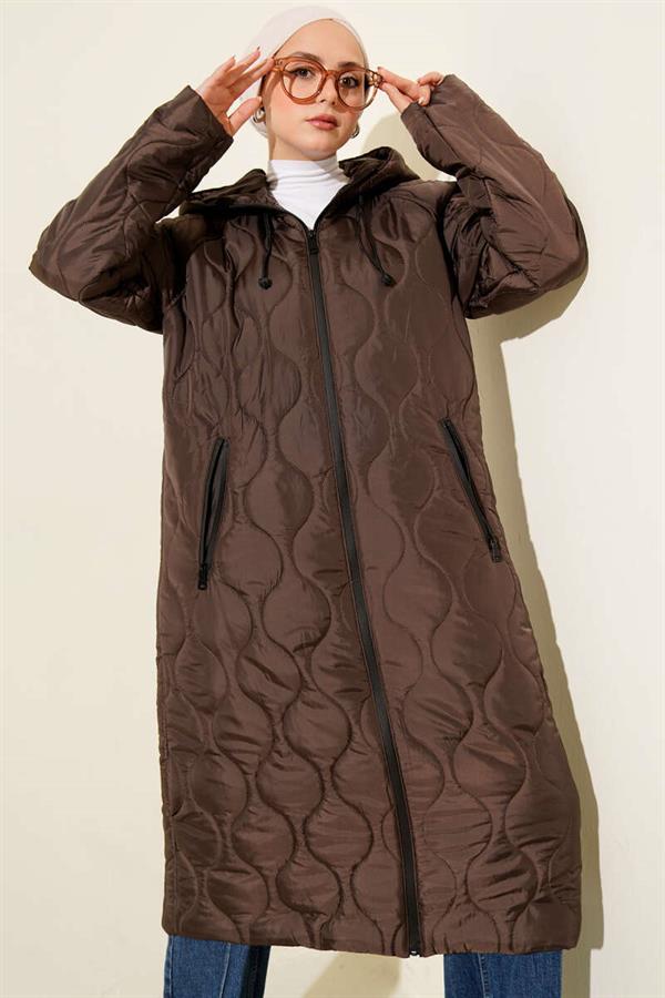 Quilted Zippered Hooded Jacket Bitter Coffee