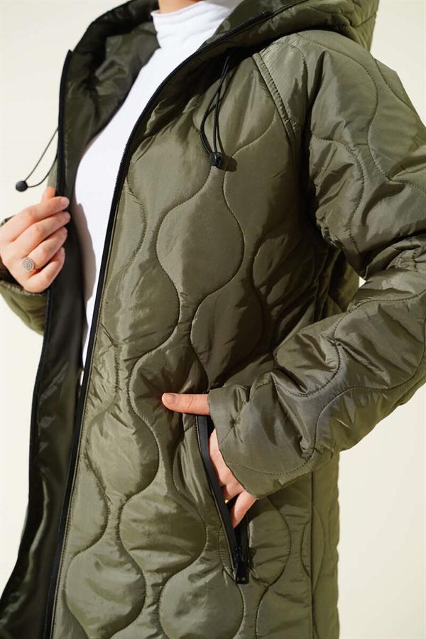 Quilted Zippered Hooded Coat Khaki