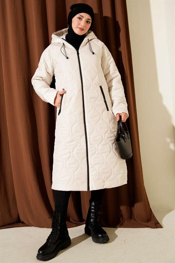 Quilted Zippered Hooded Coat Stone