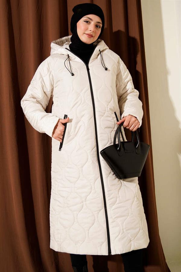 Quilted Zippered Hooded Coat Stone