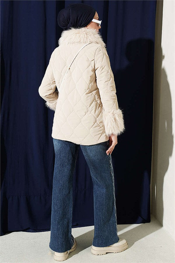 Quilted Fur Detail Coat, Beige