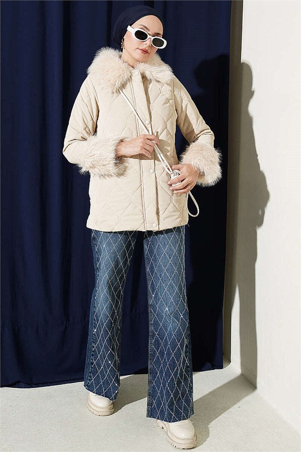 Quilted Fur Detail Coat, Beige