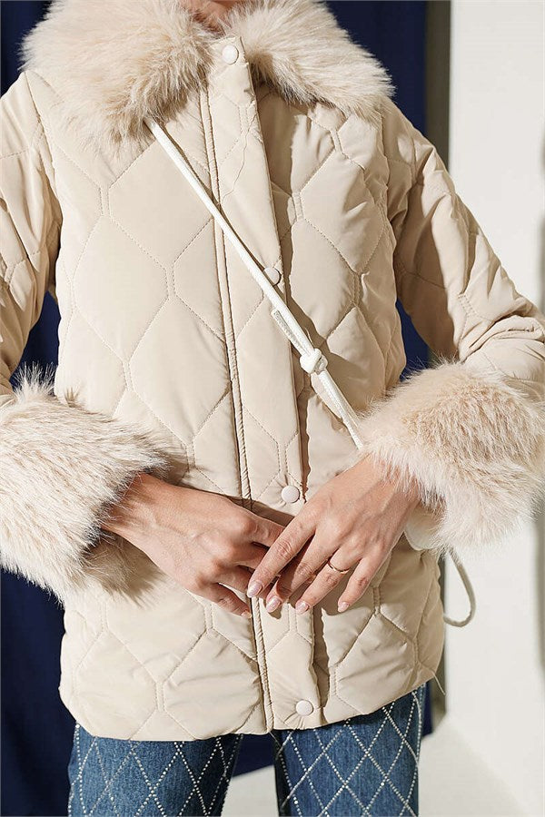 Quilted Fur Detail Coat, Beige