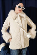 Quilted Fur Detail Coat, Beige