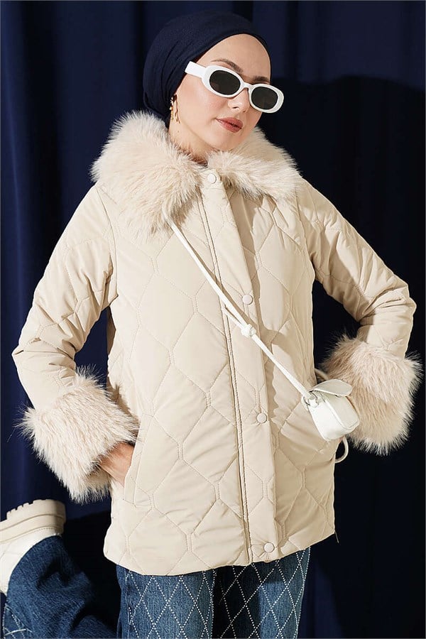 Quilted Fur Detail Coat, Beige