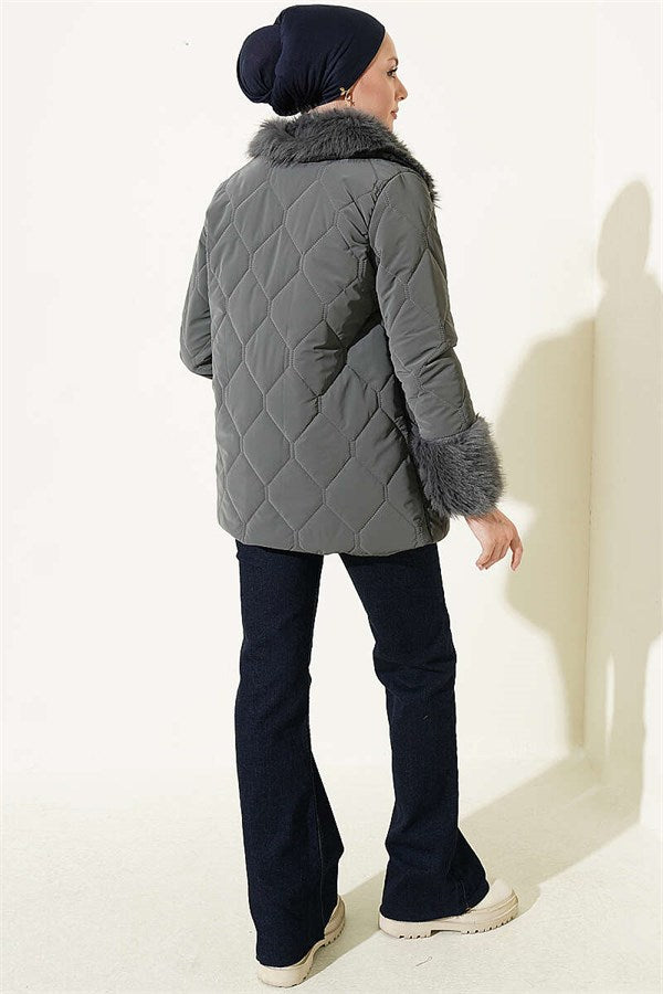 Quilted Fur Detail Coat Grey