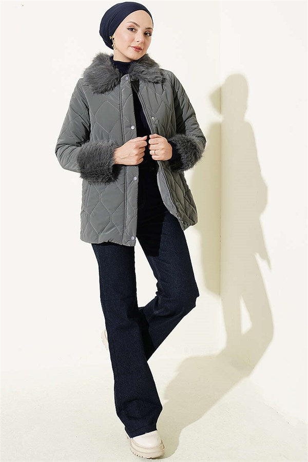 Quilted Fur Detail Coat Grey