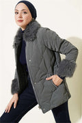 Quilted Fur Detail Coat Grey