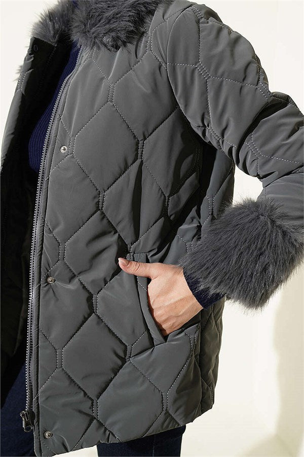 Quilted Fur Detail Coat Grey