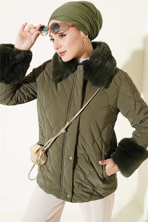 Quilted Fur Detail Coat, Khaki