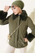 Quilted Fur Detail Coat, Khaki