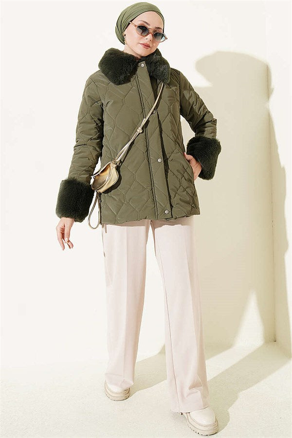 Quilted Fur Detail Coat, Khaki