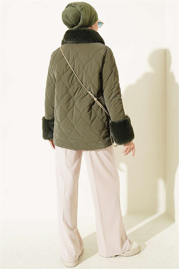 Quilted Fur Detail Coat, Khaki