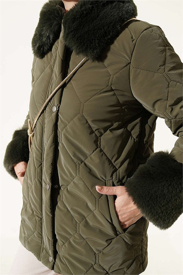 Quilted Fur Detail Coat, Khaki