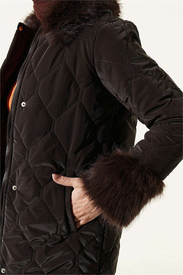 Quilted Fur Detail Coat, Brown