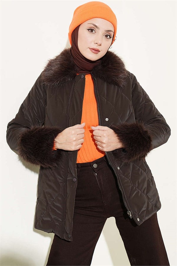 Quilted Fur Detail Coat, Brown