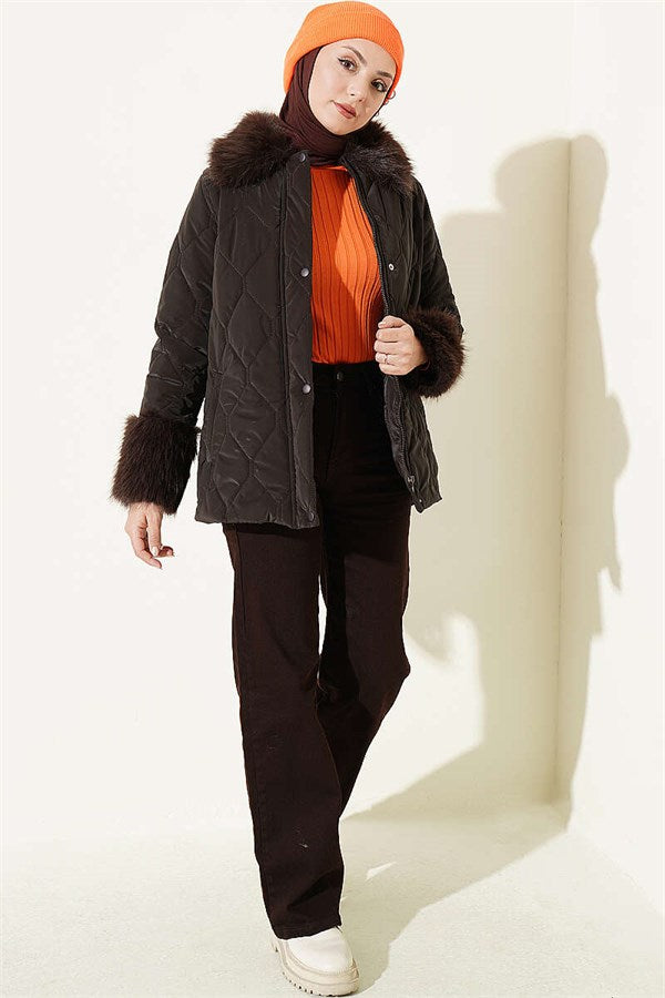 Quilted Fur Detail Coat, Brown