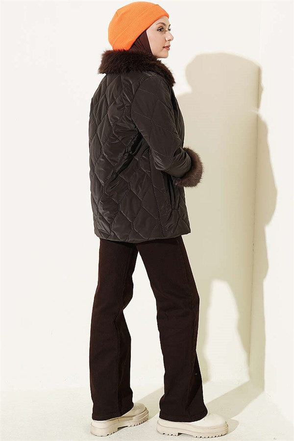 Quilted Fur Detail Coat, Brown