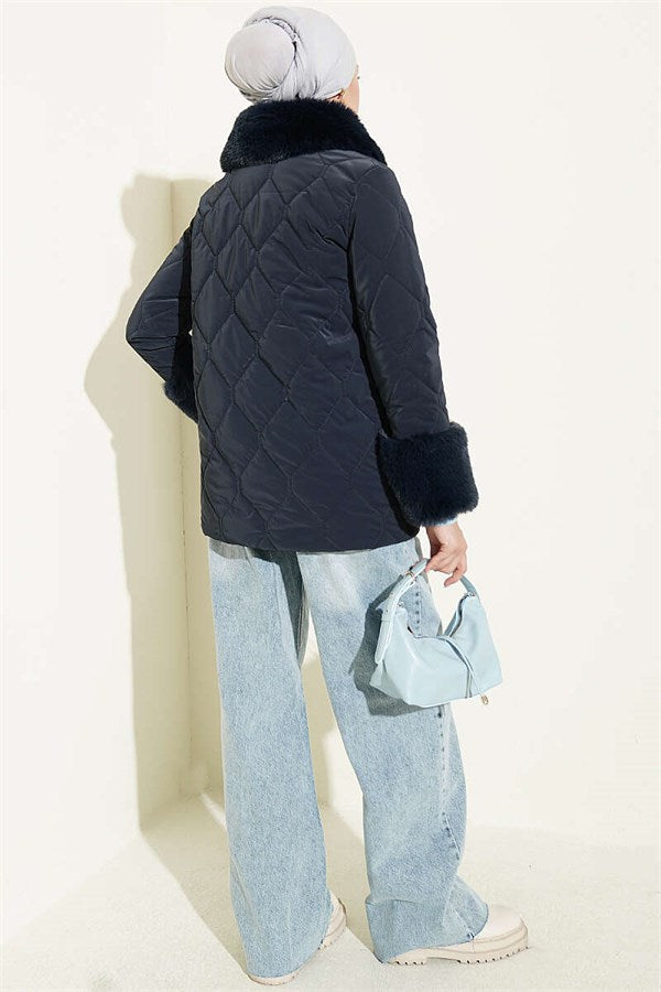 Quilted Fur Detail Coat, Navy Blue