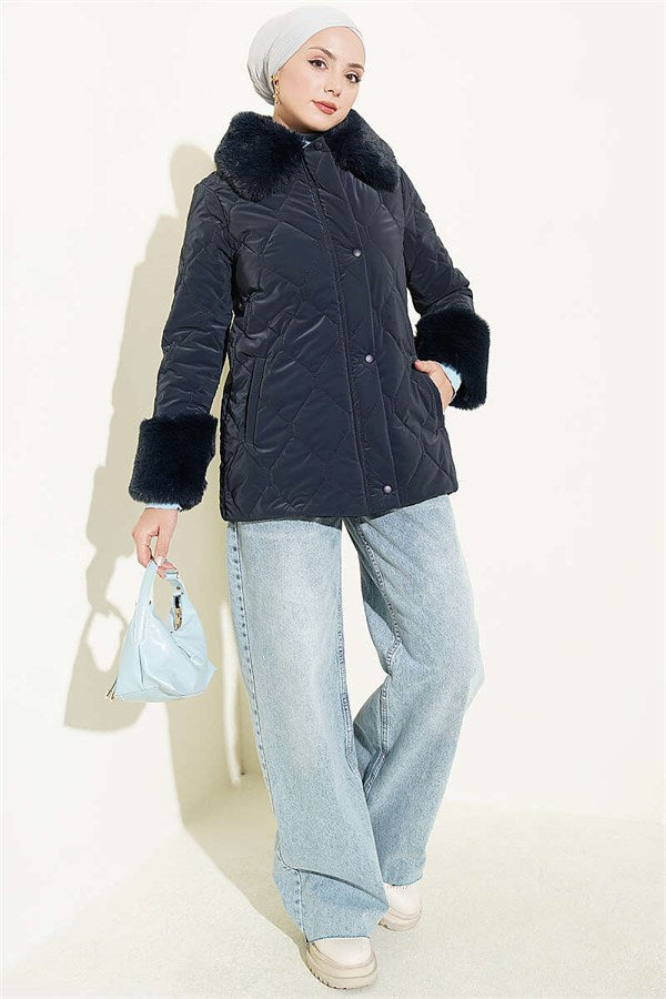 Quilted Fur Detail Coat, Navy Blue