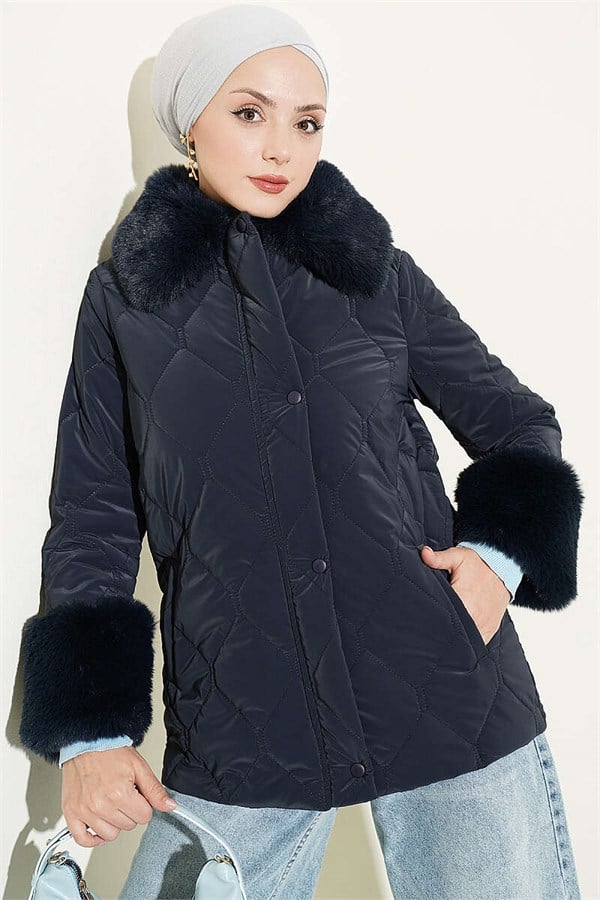 Quilted Fur Detail Coat, Navy Blue