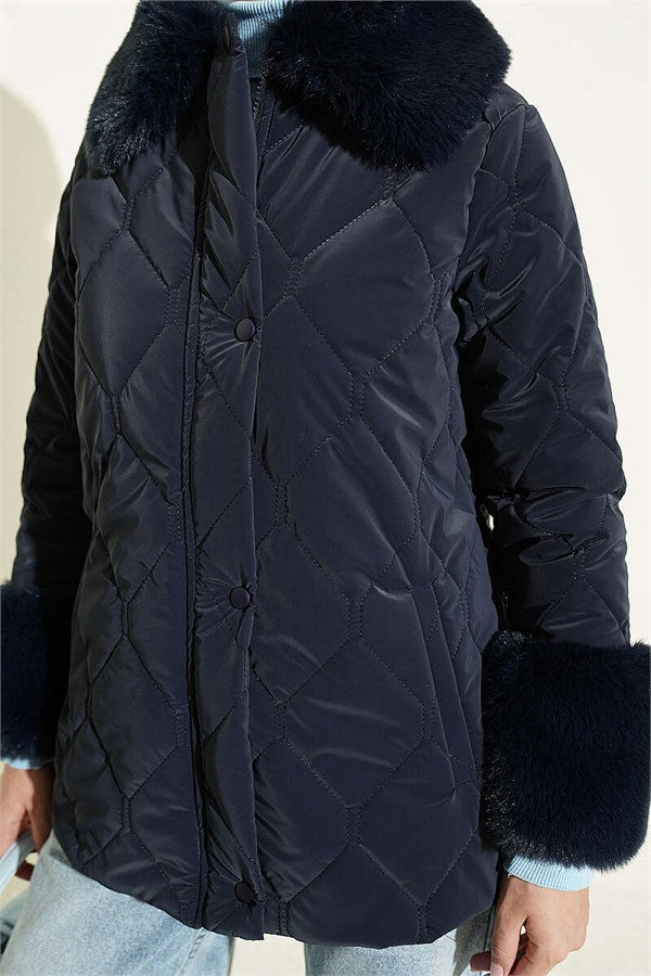 Quilted Fur Detail Coat, Navy Blue