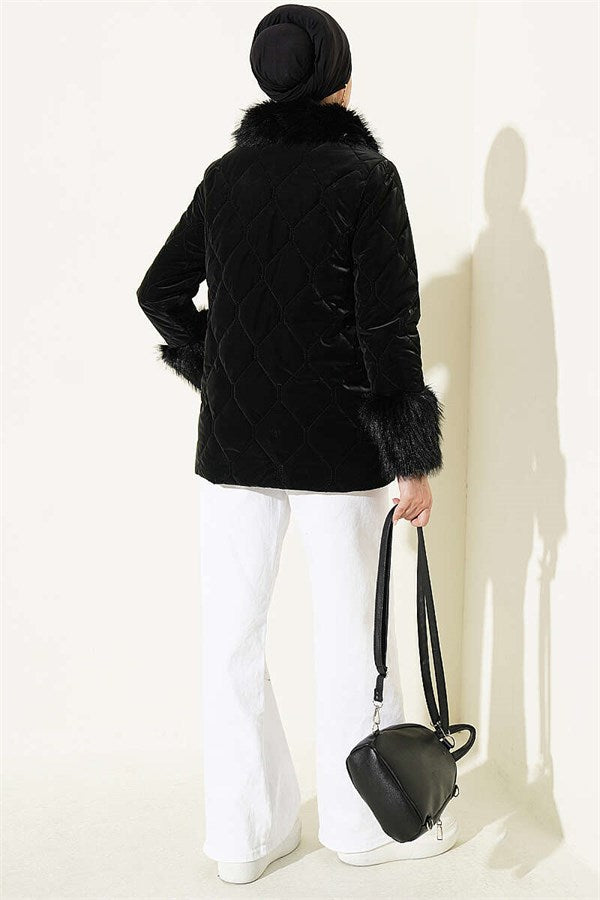 Quilted Fur Detail Coat, Black