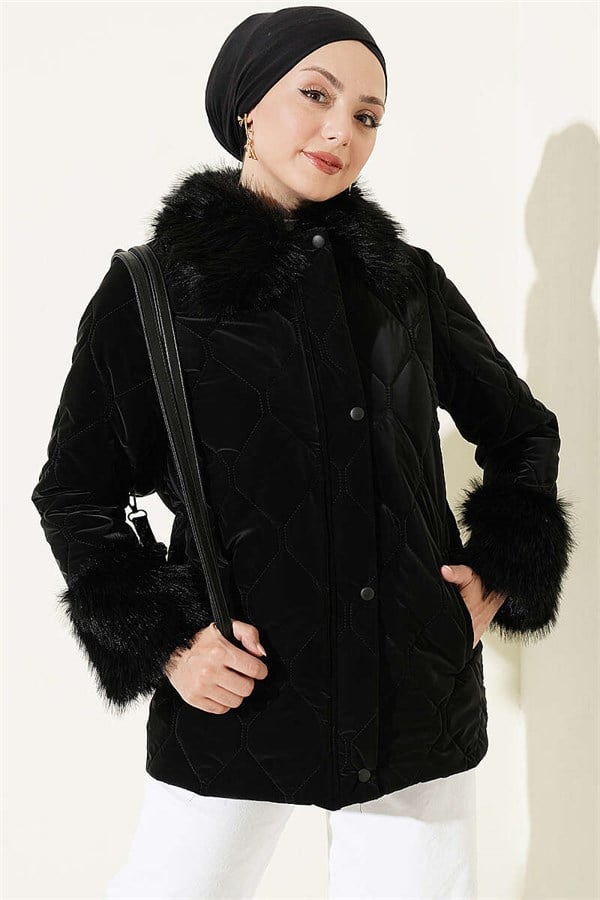 Quilted Fur Detail Coat, Black