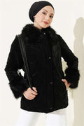 Quilted Fur Detail Coat, Black