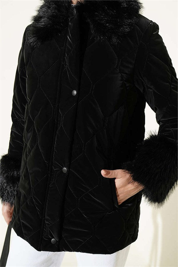 Quilted Fur Detail Coat, Black