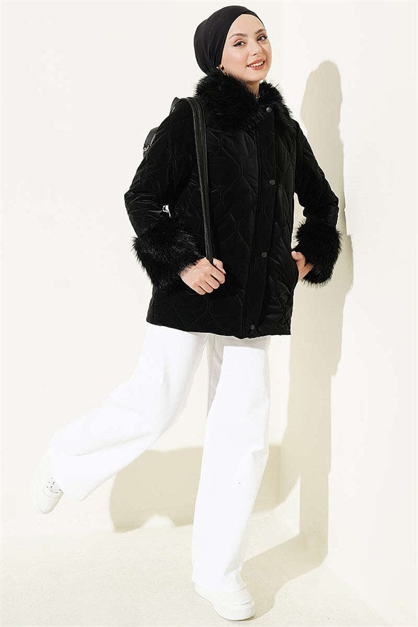 Quilted Fur Detail Coat, Black