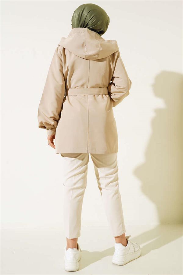Hooded Snap Short Trench Coat Beige