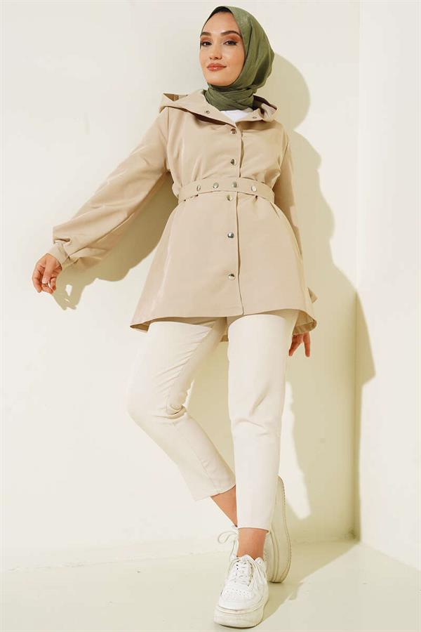 Hooded Snap Short Trench Coat Beige