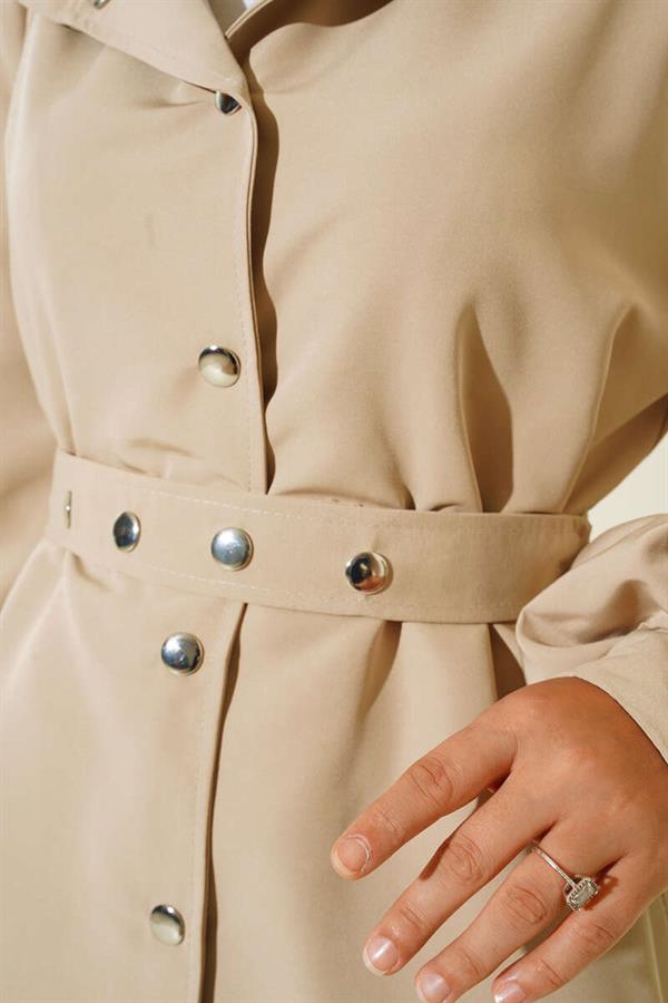 Hooded Snap Short Trench Coat Beige