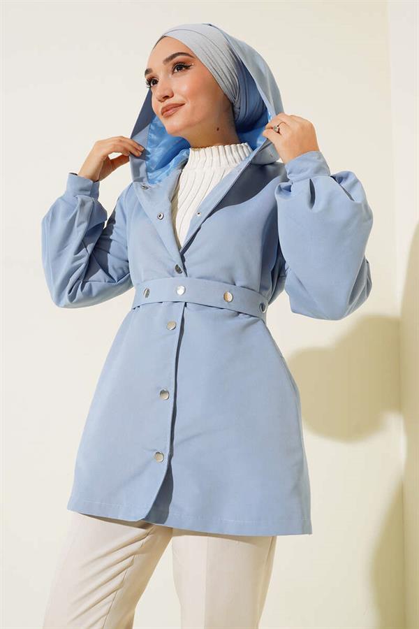 Hooded Snap Short Trench Coat Baby Blue