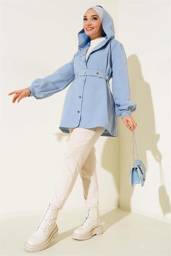 Hooded Snap Short Trench Coat Baby Blue