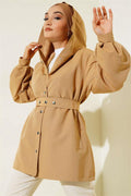 Hooded Snap Short Trench Coat Camel
