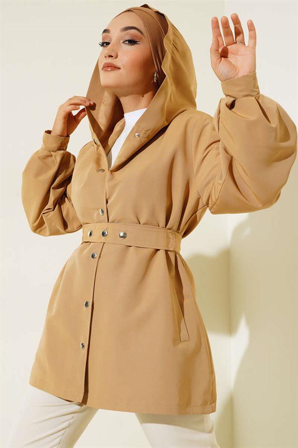 Hooded Snap Short Trench Coat Camel