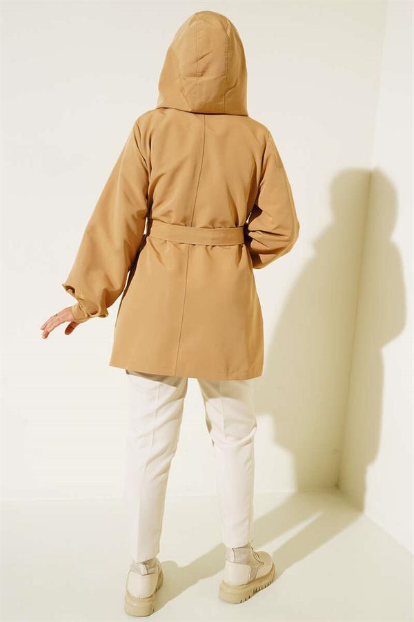 Hooded Snap Short Trench Coat Camel
