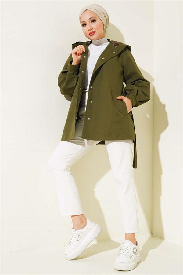Hooded Snap Short Trench Coat Khaki