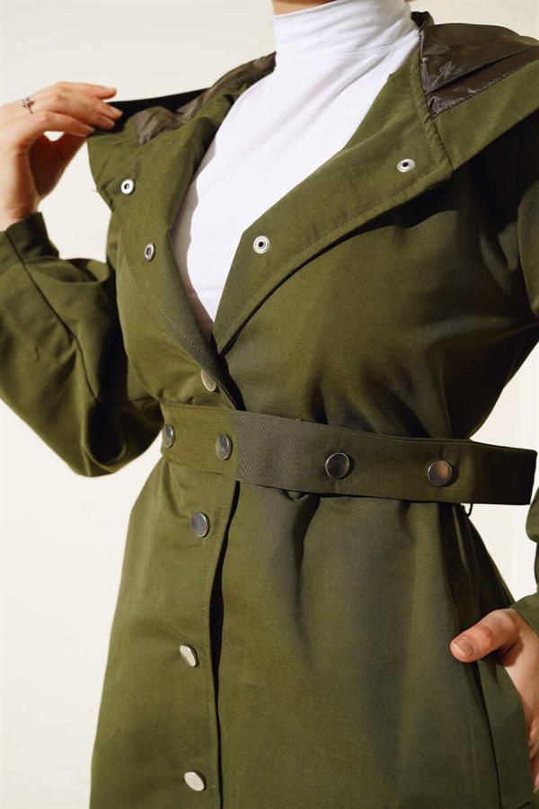 Hooded Snap Short Trench Coat Khaki