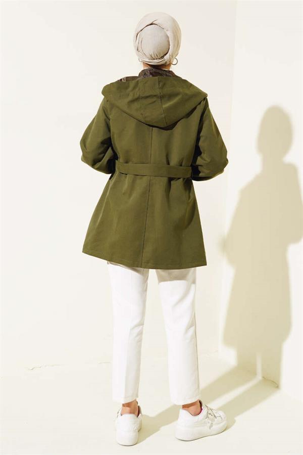 Hooded Snap Short Trench Coat Khaki