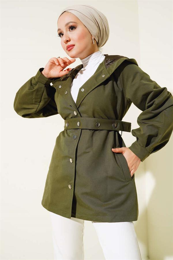 Hooded Snap Short Trench Coat Khaki