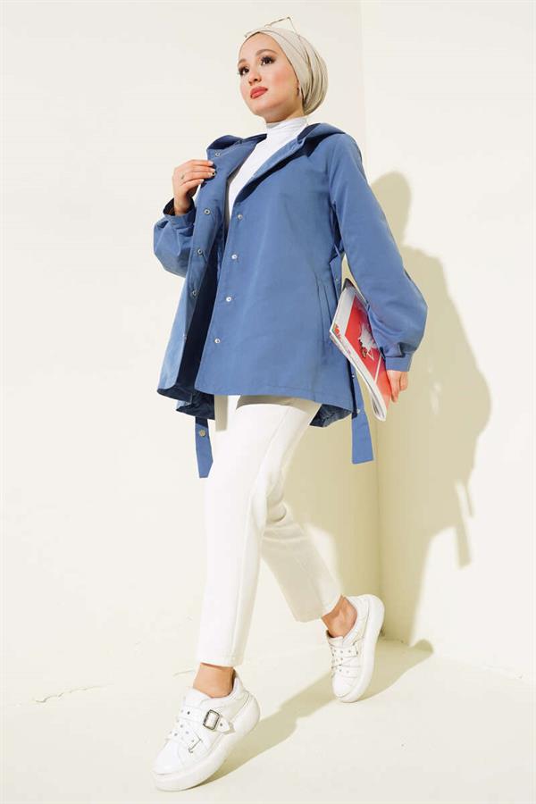 Hooded Snap Short Trench Coat Indigo
