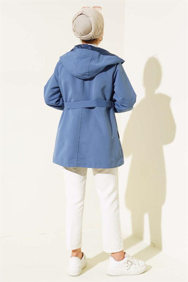 Hooded Snap Short Trench Coat Indigo