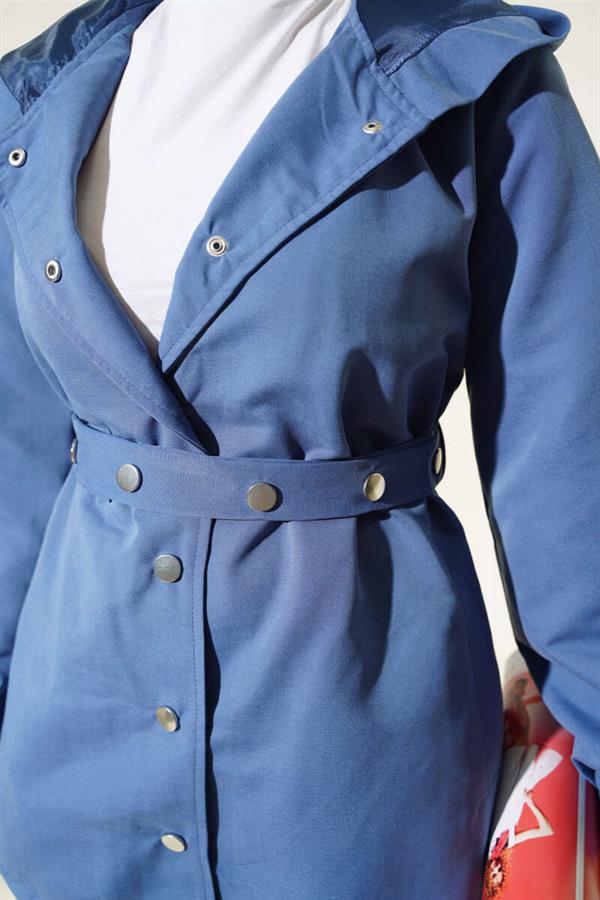 Hooded Snap Short Trench Coat Indigo