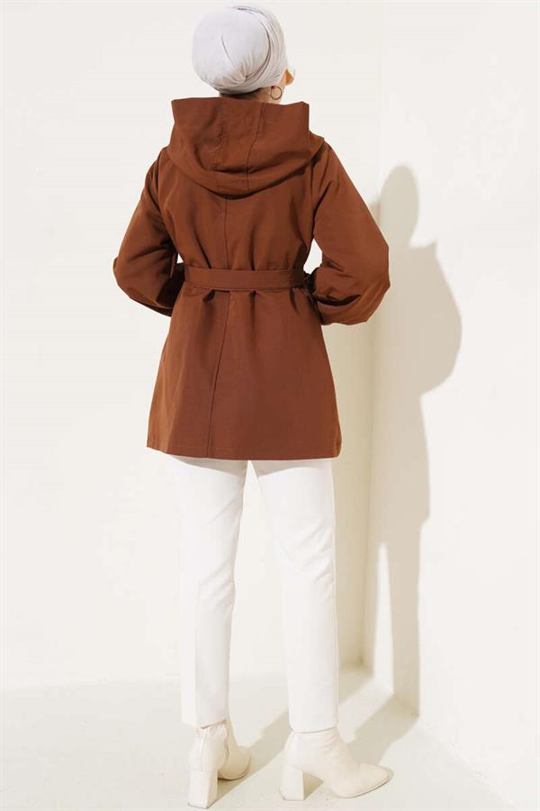 Hooded Snap Short Trench Coat Brown