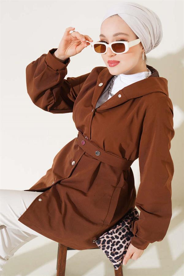 Hooded Snap Short Trench Coat Brown