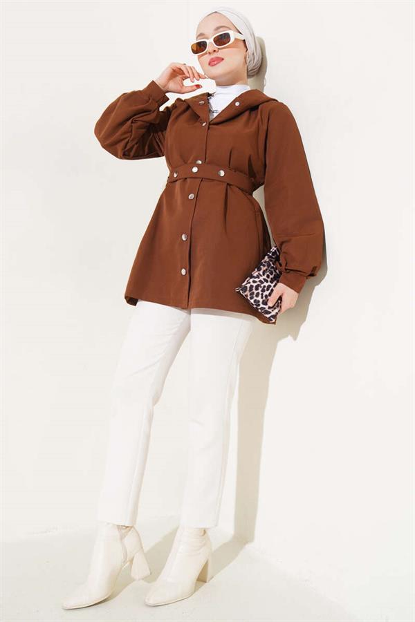 Hooded Snap Short Trench Coat Brown