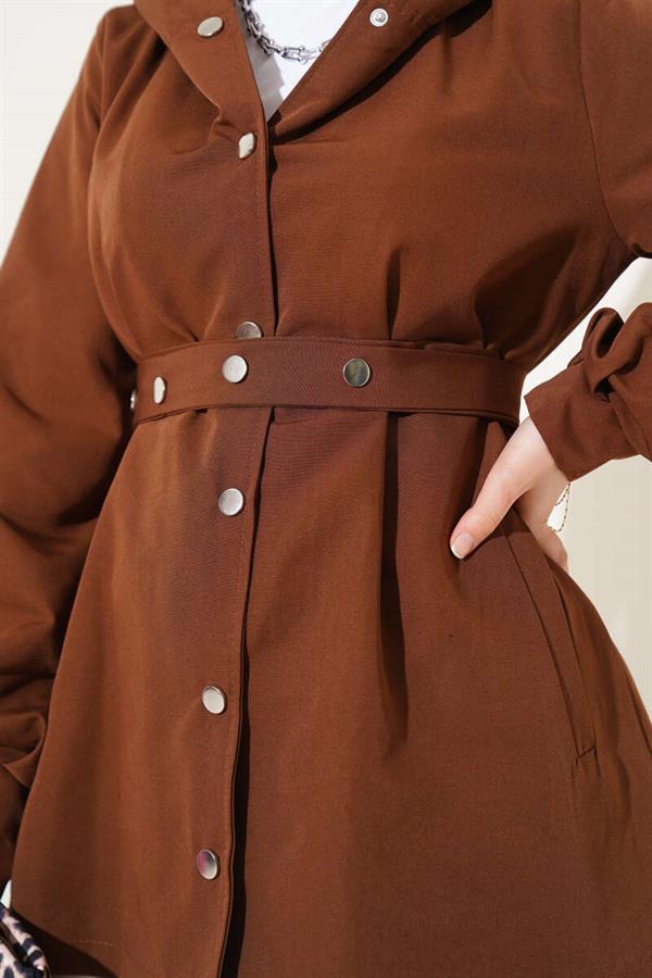 Hooded Snap Short Trench Coat Brown
